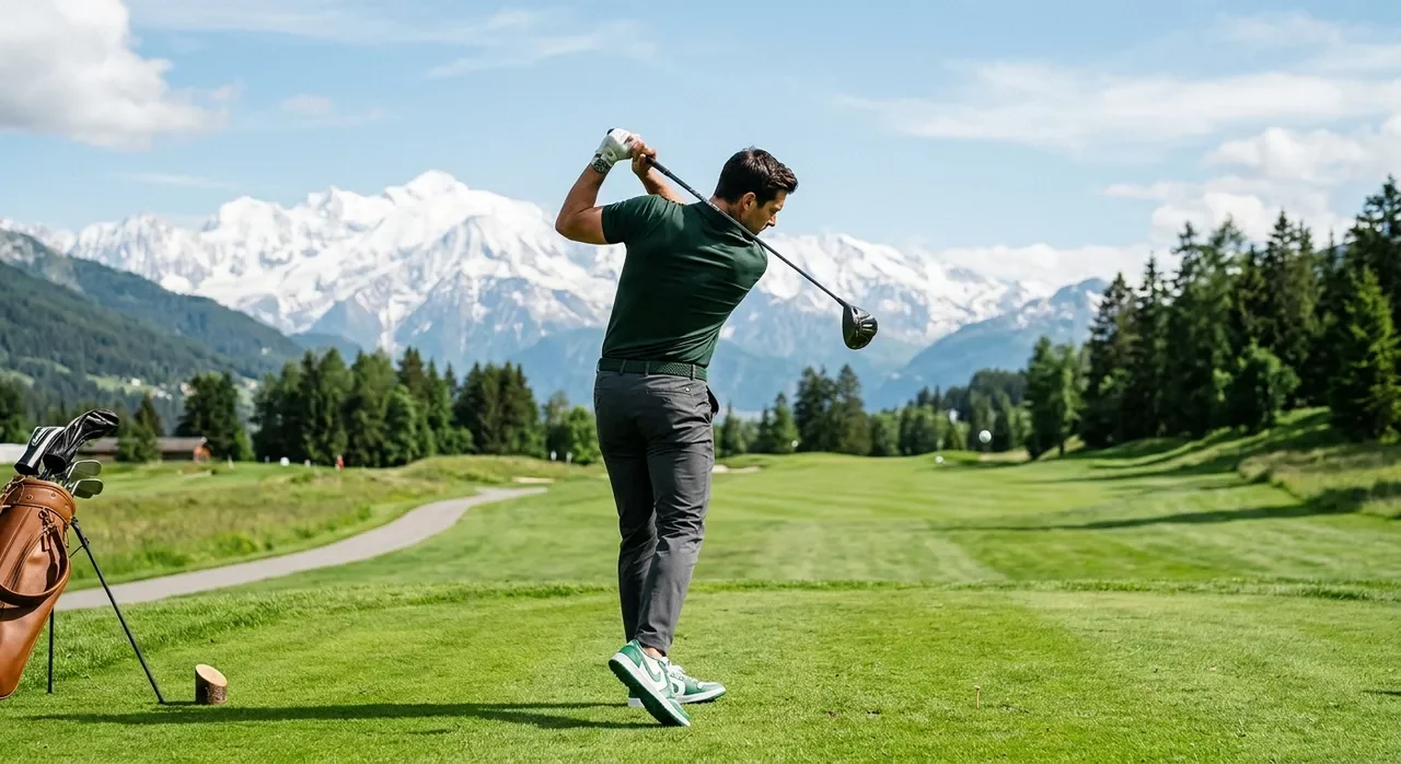Golfeur en plein swing avec sa ceinture stretch SWISS GOLF BELTS
